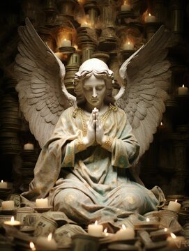 Captivating image of a marble stone angel statue in prayer, evoking a sense of religious reverence and tranquility.