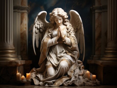 Captivating image of a marble stone angel statue in prayer, evoking a sense of religious reverence and tranquility.