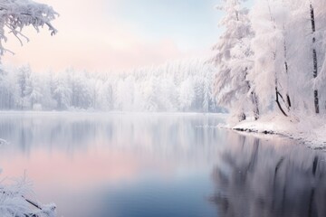 Beautiful tranquil lake at sunrise with foggy Winter forest covered by heavy snow and ice. Winter seasonal concept.