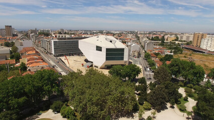 Aerial Photography House of Music in Boavista Avenue. City of Porto famous place. Portugal Travel Destination