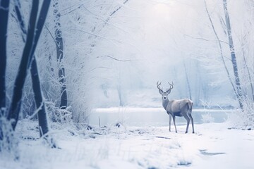 Fototapeta premium Male deer with antlers stand in forest in Winter with snow.