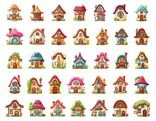 Fairytale houses. Rural cottage fairytales imagine architecture beautiful housing with pink blue green and yellow roofs