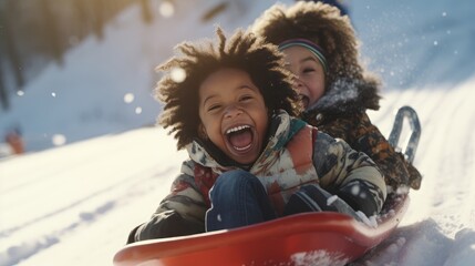 African American children sledding on a warm winter day in the mountains. winter holidays.