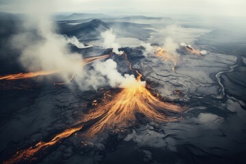 An erupting volcano with heavy smoke in sky. Outdoor adventure concept.