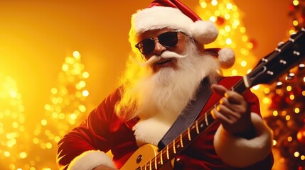 Santa Claus plays rock on the guitar. Stage light, smoke. manta claus musician. - obrazy, fototapety, plakaty