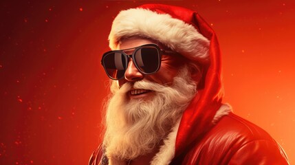 Portrait of Santa Claus in sunglasses in neon light on a red background.