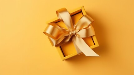 Fototapeta na wymiar Gift box with golden satin ribbon and bow on yellow background. Holiday gift with Birthday or Christmas present, flat lay, top view, happy mother day copy space. Decor concept. Magic concept. New Year