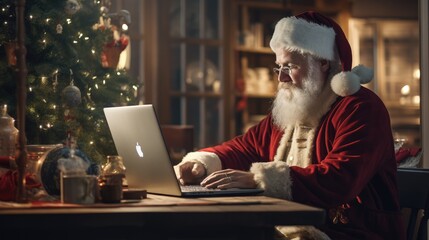 Happy old Santa Claus is sitting at the table with a laptop. Christmas time, holiday, online shopping, e-commerce sale - obrazy, fototapety, plakaty