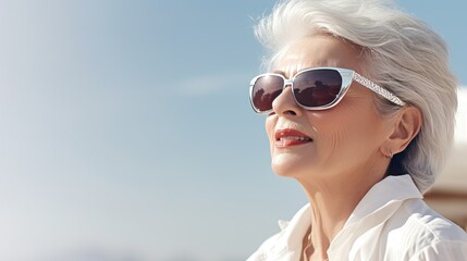 Stunning beautiful and confident elderly woman with gray hair, wearing sunglasses, smiling at camera, portrait on gray background
