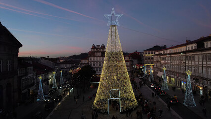 Christmas in Portugal. Christmas tree on Toural Square, Guimaraes. Aerial Photography