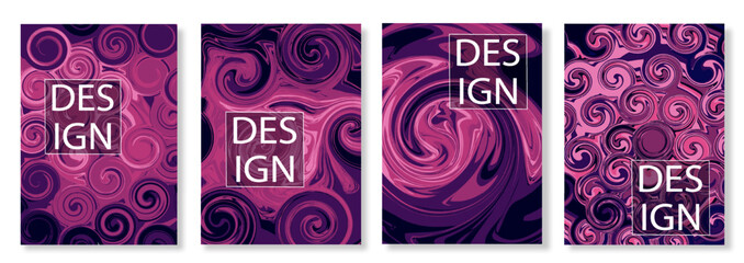 Circle posters set. Violet abstract shapes. Flyers and leaflets, booklets with purple swirl. Minimalistic creativity and art. Cartoon flat vector collection isolated on white background