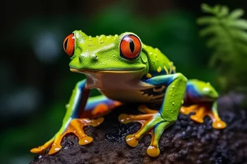 Tuinposter Red eyed tropical frog looking at camera on natural background. Generative AI. © Andrii