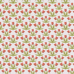 Drawing of tulips on a pink, coral background..Seamless floral pattern - red tulips on a pink background, floral elements framed by green leaves on a coral background; 