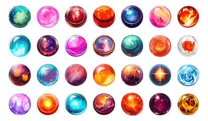 Power magic orbs set. Bright colors magic spheres isolated on white background, energy balls vector images