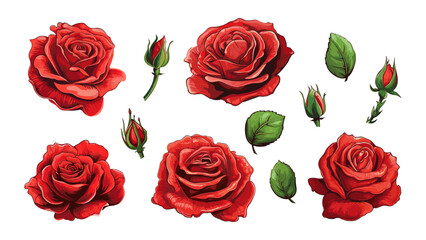 Red roses buds blossom. Rose flowers and leaves, isolated garden nature elements. Decorative cartoon floral clipart, vector graphic art - obrazy, fototapety, plakaty