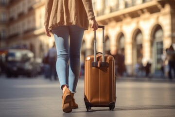 Back view of a lady with a suitcase walking on historical street in city in travel. Vacation travel concept.