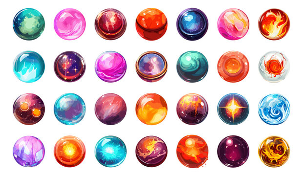 Power magic orbs set. Bright colors magic spheres isolated on white background, energy balls vector images