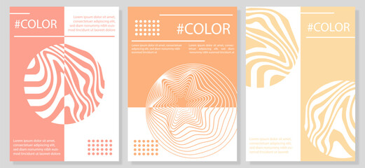 Color posters set. Red, orange and yellow minimalistic creativity and art. Typography and calligraphy. Flyers and booklets. Cartoon flat vector collection isolated on grey background
