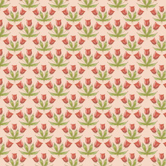 Drawing of tulips on a pink, coral background..Seamless floral pattern - red tulips on a pink background, floral elements framed by green leaves on a coral background; 