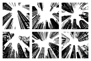 Skyscrapers bottom up look silhouettes. Business city underside view monochrome 2d drawing, abstract manhattan buildings pattern design