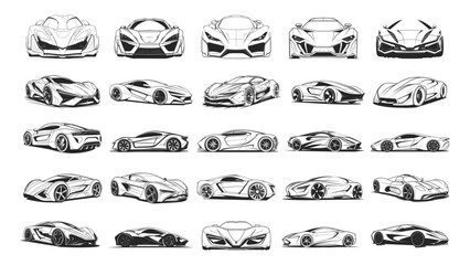 Sport-car sketch set. Super automobile sketching silhouettes, front side back views, supercar lineart design, black on white background - obrazy, fototapety, plakaty