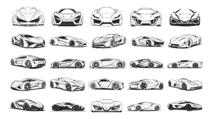 Foto op Canvas Sport-car sketch set. Super automobile sketching silhouettes, front side back views, supercar lineart design, black on white background © LadadikArt