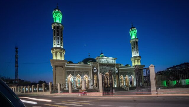 Bishkek, Kyrgyzstan, Mahmud Kashgari mosque, time lapse from day to night, beautiful cityscape of a Muslim city