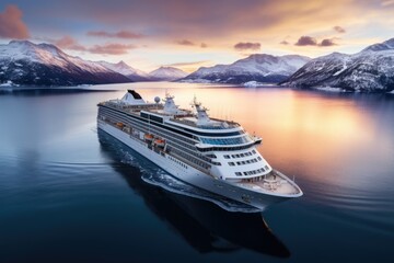 Luxury cruise ship in sea at sunset. Vacation travel concept.
