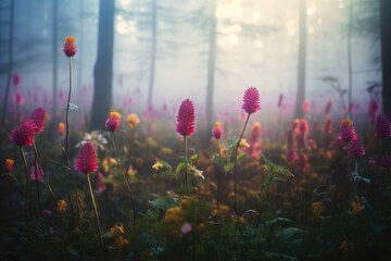 Wild flower field in foggy forest with variable colors in Spring. Spring seasonal concept. - obrazy, fototapety, plakaty