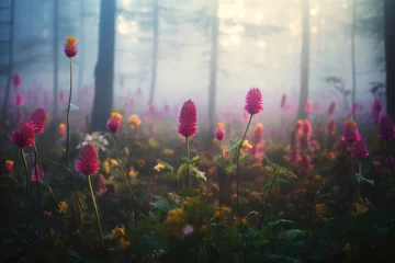 Foto op Plexiglas Wild flower field in foggy forest with variable colors in Spring. Spring seasonal concept. © rabbit75_fot