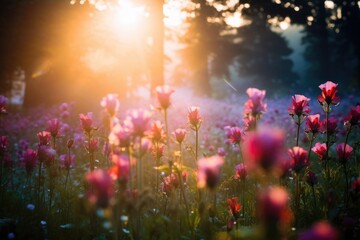 Wild flower field in foggy forest at sunrise with variable colors in Spring. Spring seasonal concept.
