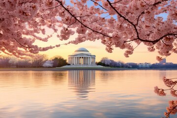 Pink cherry blossom flower and Jefferson Memorial over lake at sunrise in Washington DC, USA. - obrazy, fototapety, plakaty