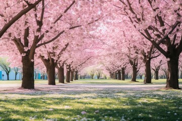 Beautiful blooming cherry blossom woods with pink petals in air and on ground in Spring. Spring seasonal concept.