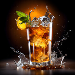 A glass of ice tea with water splashing on it.