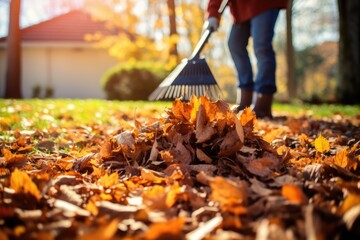 Man cleanup Autumn fallen leaves in yard of his house use a blower. Autumn seasonal concept.