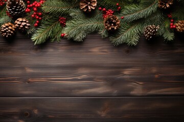 Pine tree branches with holiday ornament on wood table. Holiday decoration. Holiday seasonal concept.