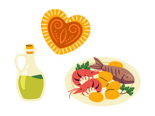 Croatia element concept. Traditional food and dishes. Sightseen of european country. Oil and fish with potato and lobsters. Cartoon flat vector illustration isolated on white background