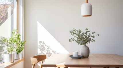 A dining table with chairs and a potted plant, creating a cozy and inviting atmosphere. - Powered by Adobe