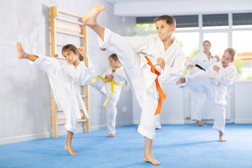 Fototapeta na wymiar Young karate students gather in dojo to practice their kicks and punches under the watchful eye of their sensei.