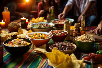 Friends enjoying a "Cinco de Mayo Movie Night" with classic Mexican films and themed snacks, adding an entertaining twist to the celebration, creativity with copy space