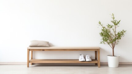 The bench and plant placed in front of a white wall create a calm and minimalist indoor environment. - Powered by Adobe