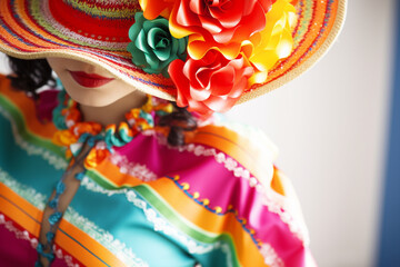 A close-up of a person showcasing a "Cinco de Mayo Fashion Show" with vibrant and festive attire, creativity with copy space