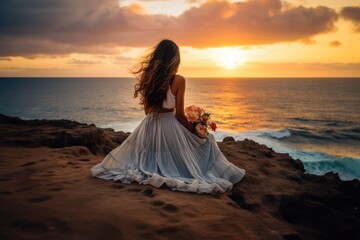 Fototapeta na wymiar Lovely graceful lady sit by beach with a wedding floral boutique at sunset with beautiful seascape. Summer tropical vacation concept.
