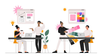 Design studio set. Men and women work at common project. Designers and freelancers at workplace. Develop of UI and UX website. Cartoon flat vector collection isolated on white background