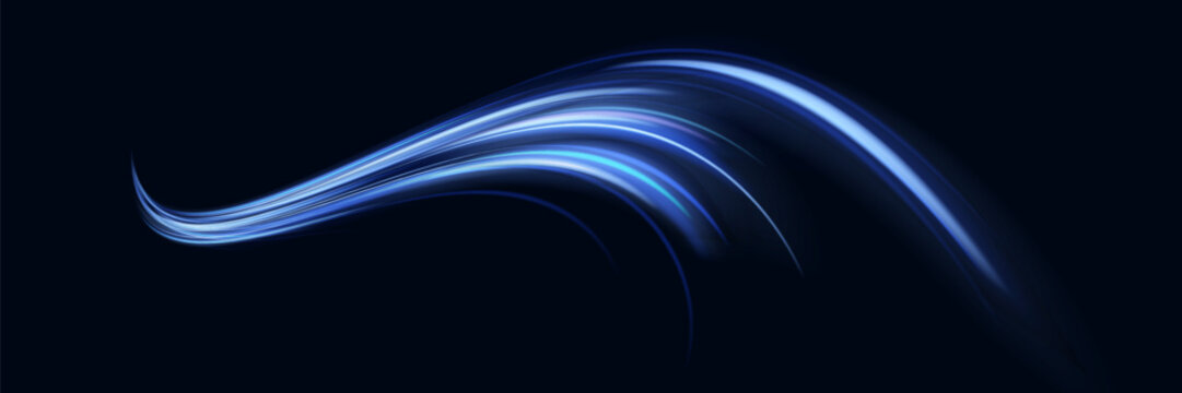 Blue light trail, wave speed, trace line twirl. Abstract light lines of movement and speed with white color glitters
