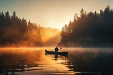 A man in canoe on a foggy tranquil lake with forest at sunrise. Winter Autumn seasonal concept. - obrazy, fototapety, plakaty