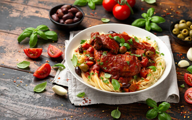 Cacciatore Chicken with spaghetti, vegetables, olives and tomatoes