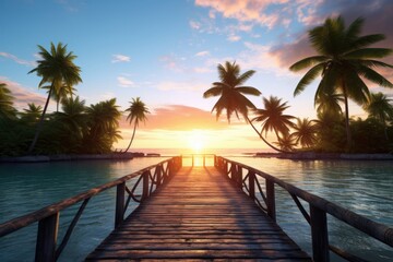 Beautiful sunset at beach with a path to island with palm trees. Summer tropical vacation concept. - obrazy, fototapety, plakaty