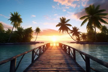  Beautiful sunset at beach with a path to island with palm trees. Summer tropical vacation concept. © rabbit75_fot