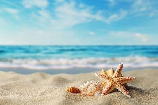 Close-up view of star fish and shells conch on tropical sand beach.  Tropical summer concept.